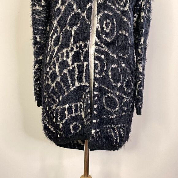 Save The Queen Black and White Longline Wool Blend Fuzzy Cardigan - Picture 4 of 7